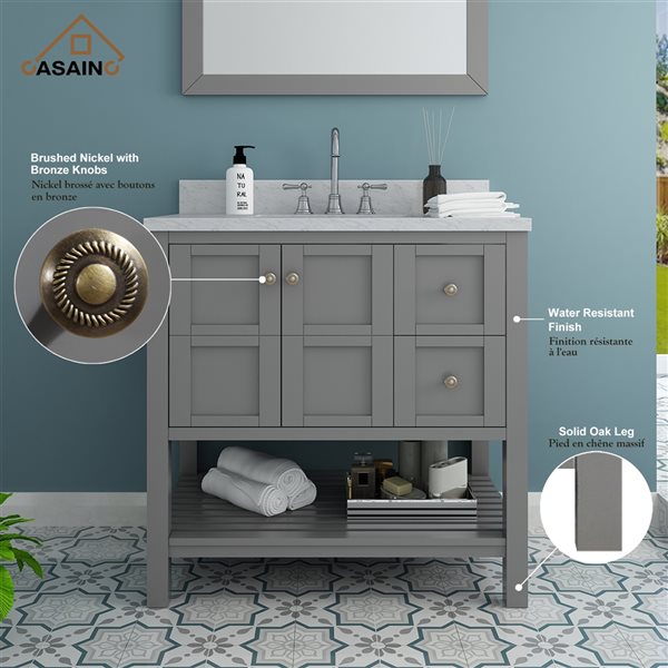 CASAINC 35.2-in Grey Single Sink Bathroom Vanity and White Marble Top