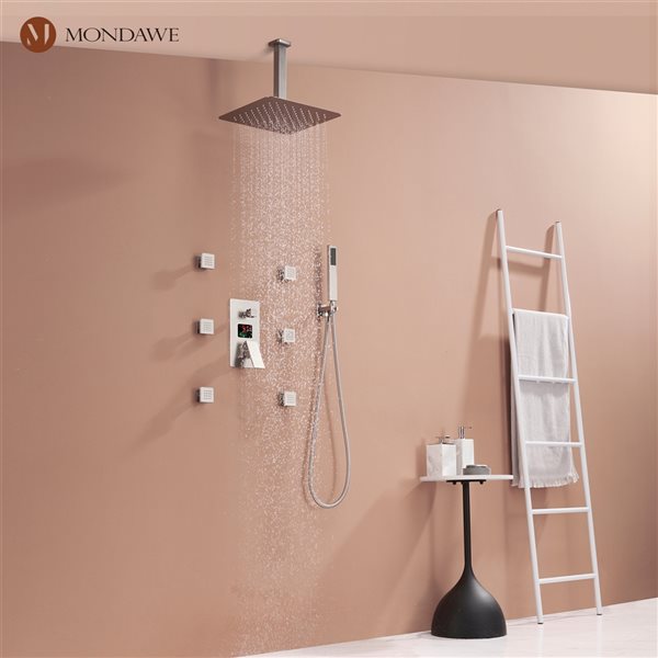 Mondawe 12-in Ceiling Mount Thermostatic Rain Shower System with Digital Display - Brushed Nickel