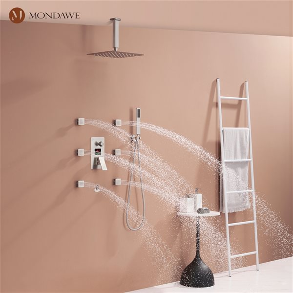 Mondawe 12-in Ceiling Mount Thermostatic Rain Shower System with Digital Display - Brushed Nickel