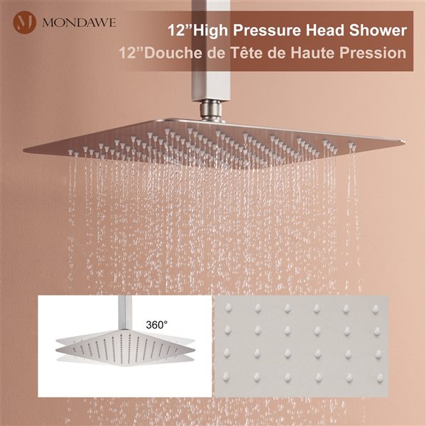 Mondawe 12-in Ceiling Mount Thermostatic Rain Shower System with Digital Display - Brushed Nickel