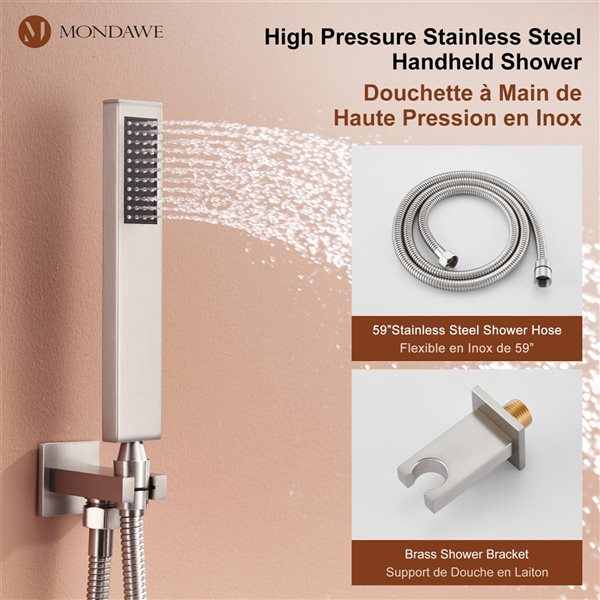 Mondawe 12-in Ceiling Mount Thermostatic Rain Shower System with Digital Display - Brushed Nickel