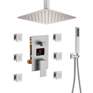 Mondawe 12-in Ceiling Mount Thermostatic Rain Shower System with Digital Display - Brushed Nickel