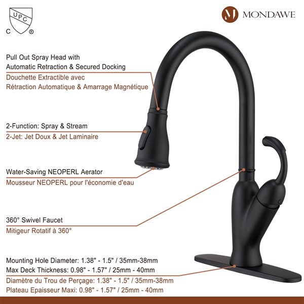 Mondawe Matte Black 2-Function Pull-down 1-handle Deck Mount Kitchen Faucet