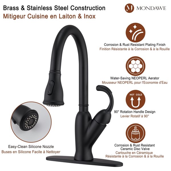 Mondawe Matte Black 2-Function Pull-down 1-handle Deck Mount Kitchen Faucet