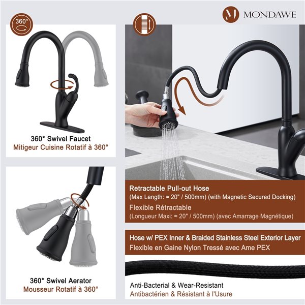 Mondawe Matte Black 2-Function Pull-down 1-handle Deck Mount Kitchen Faucet