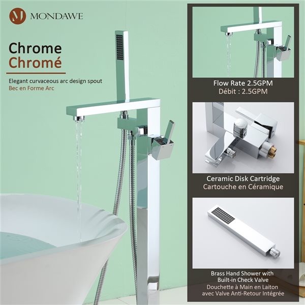 Mondawe Single-Handle Freestanding Bathtub Faucet with Hand Shower in Chrome