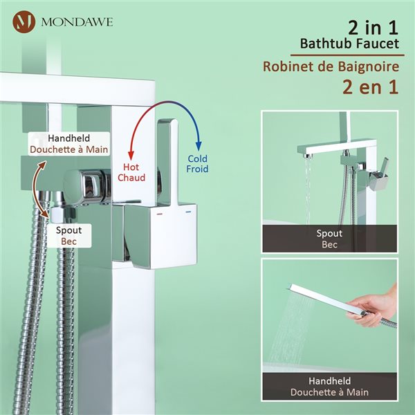 Mondawe Single-Handle Freestanding Bathtub Faucet with Hand Shower in Chrome