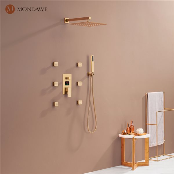 Mondawe 12-in Wall Mount Thermostatic Rain Shower System with Digital Display - Brushed Gold