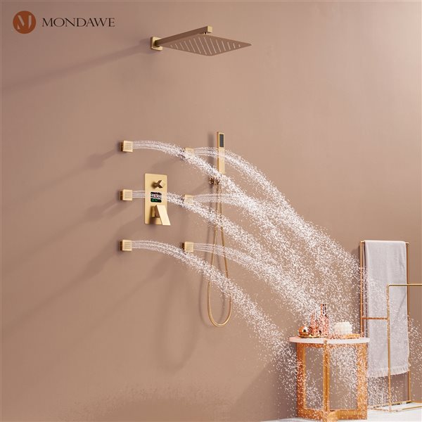 Mondawe 12-in Wall Mount Thermostatic Rain Shower System with Digital Display - Brushed Gold