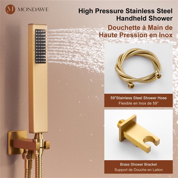 Mondawe 12-in Wall Mount Thermostatic Rain Shower System with Digital Display - Brushed Gold