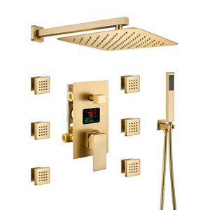 Mondawe 12-in Wall Mount Thermostatic Rain Shower System with Digital Display - Brushed Gold