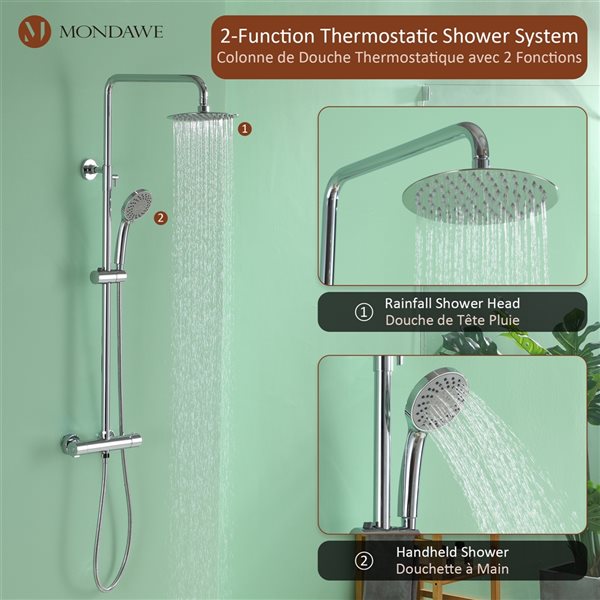 Mondawe Thermostatic Shower Bar System with Round Shower Headin Chrome
