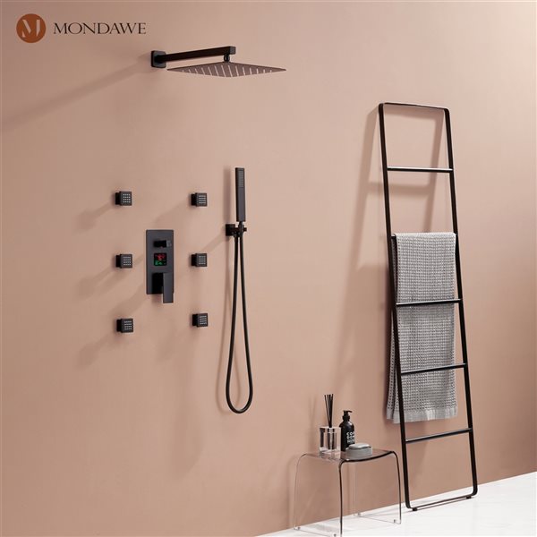 Mondawe 12-in Wall Mount Thermostatic Rain Shower System with Digital Display - Black