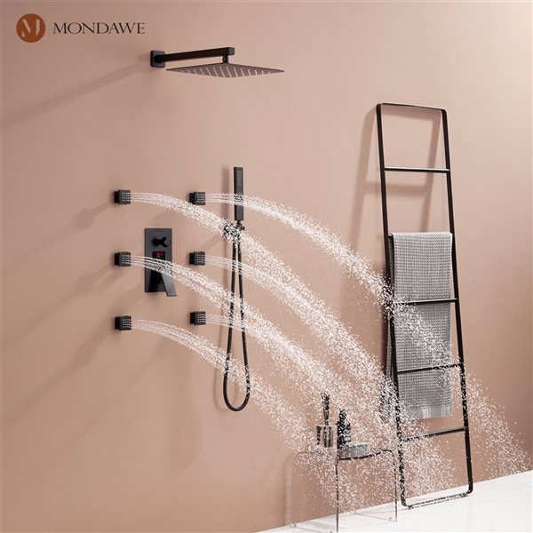 Mondawe 12-in Wall Mount Thermostatic Rain Shower System with Digital Display - Black