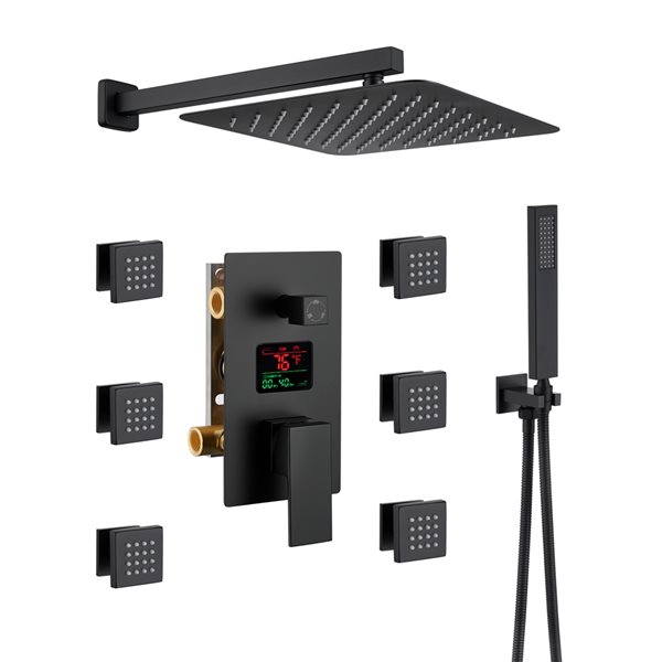 Mondawe 12-in Wall Mount Thermostatic Rain Shower System with Digital Display - Black