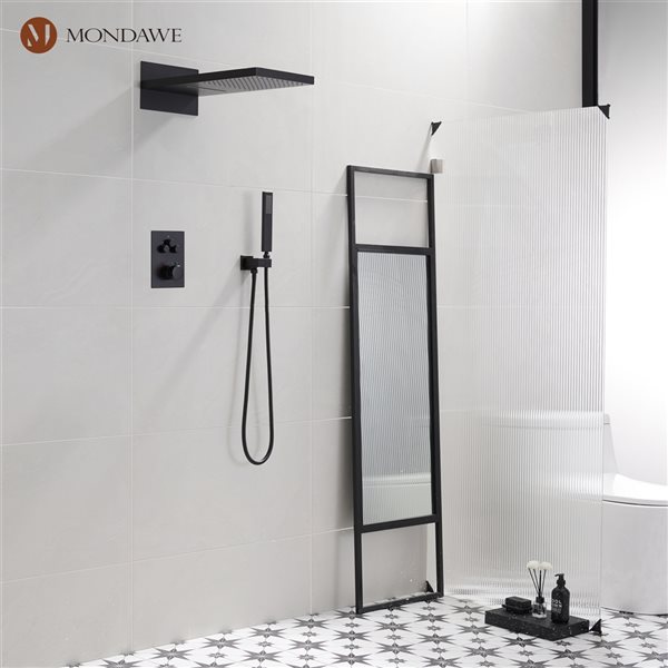 Mondawe 2-Function Thermostatic Complete Shower System with Rough-In Valve - Black