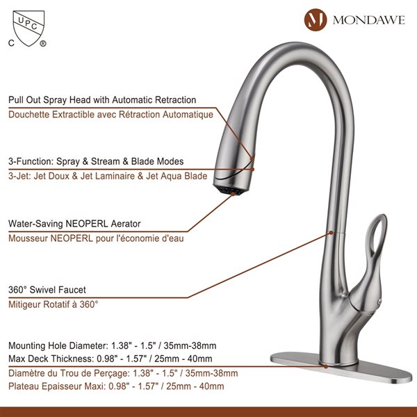 Mondawe Brushed Nickel 3-Function Pull-down 1-handle Deck Mount Kitchen Faucet
