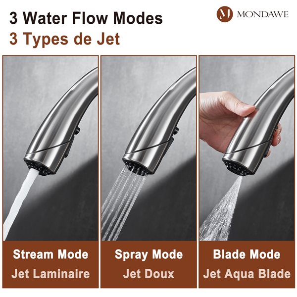 Mondawe Brushed Nickel 3-Function Pull-down 1-handle Deck Mount Kitchen Faucet