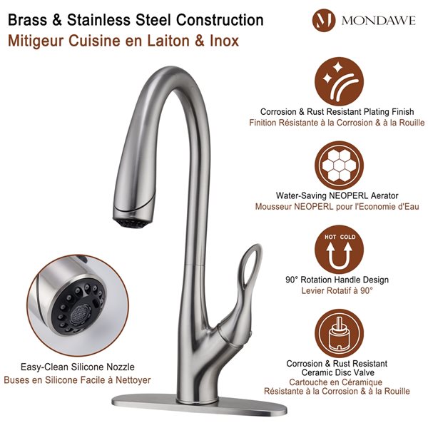Mondawe Brushed Nickel 3-Function Pull-down 1-handle Deck Mount Kitchen Faucet