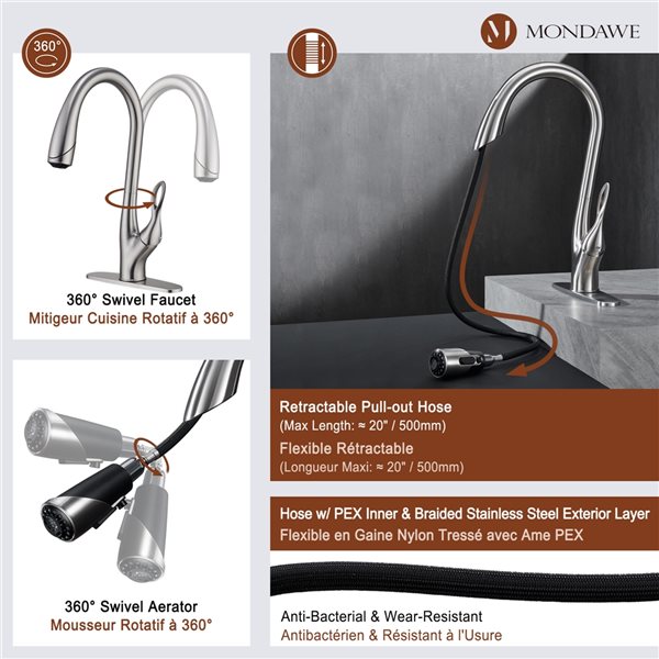 Mondawe Brushed Nickel 3-Function Pull-down 1-handle Deck Mount Kitchen Faucet