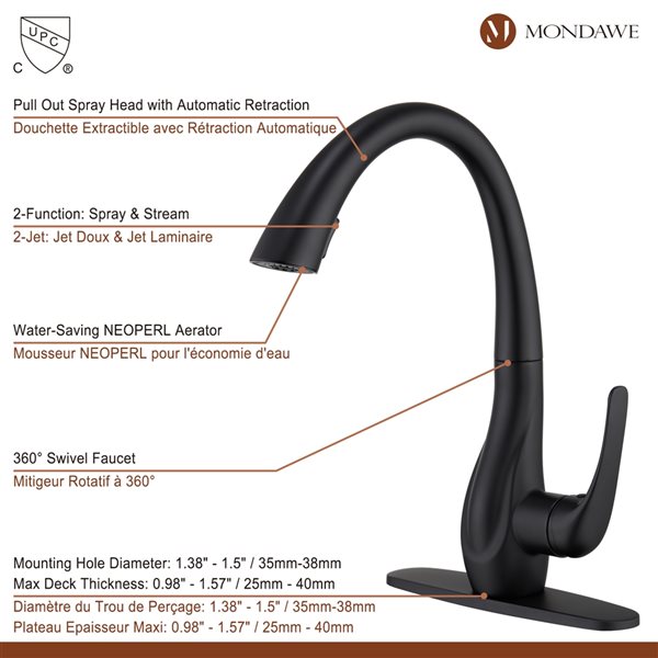 Mondawe Matte Black 2-Function Pull-down 1-handle Deck Mount Kitchen Faucet