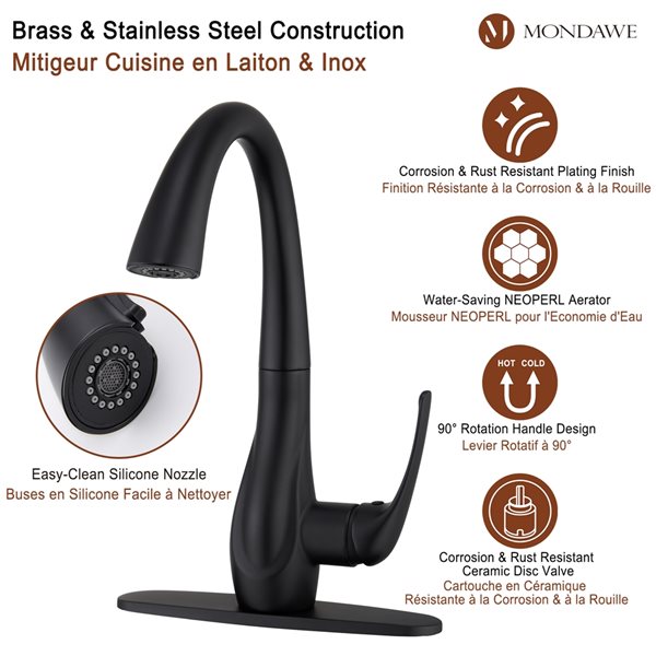 Mondawe Matte Black 2-Function Pull-down 1-handle Deck Mount Kitchen Faucet