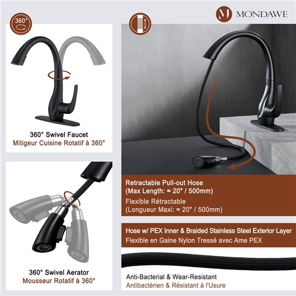 Mondawe Matte Black 2-Function Pull-down 1-handle Deck Mount Kitchen Faucet