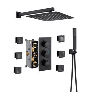 Mondawe 12-in Wall Mount Thermostatic Rain Shower System with 6 Body Jets - Black