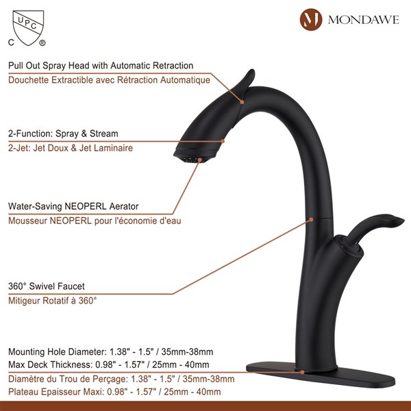 Mondawe Matte Black 2-Function Pull-down 1-handle Deck Mount Kitchen Faucet