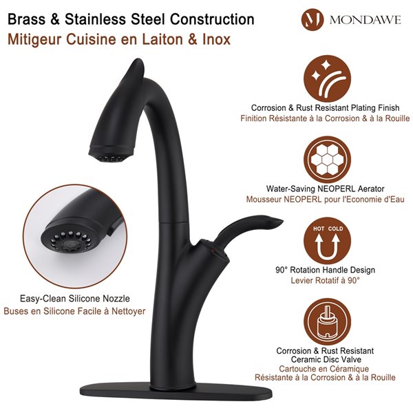 Mondawe Matte Black 2-Function Pull-down 1-handle Deck Mount Kitchen Faucet