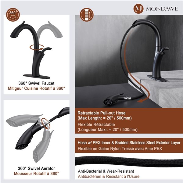 Mondawe Matte Black 2-Function Pull-down 1-handle Deck Mount Kitchen Faucet