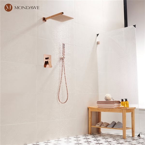 Mondawe 2-Function Wall Mount Square Complete Shower System with Rough-In Valve - Rose Gold