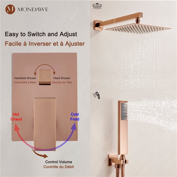 Mondawe 2-Function Wall Mount Square Complete Shower System with Rough-In Valve - Rose Gold