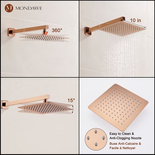 Mondawe 2-Function Wall Mount Square Complete Shower System with Rough-In Valve - Rose Gold