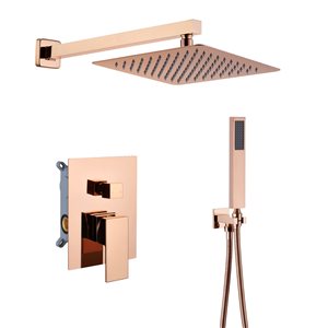 Mondawe 2-Function Wall Mount Square Complete Shower System with Rough-In Valve - Rose Gold