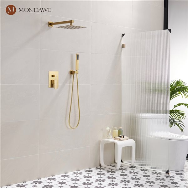 Mondawe 2-Function Wall Mount Square Complete Shower System with Rough-In Valve - Brushed Gold