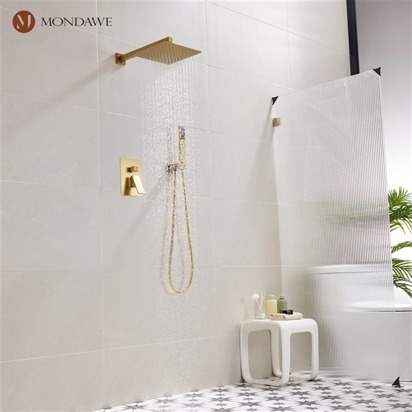 Mondawe 2-Function Wall Mount Square Complete Shower System with Rough-In Valve - Brushed Gold