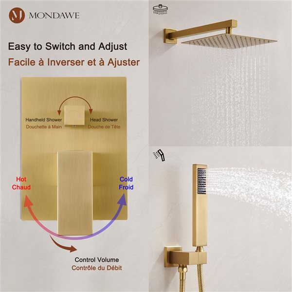 Mondawe 2-Function Wall Mount Square Complete Shower System with Rough-In Valve - Brushed Gold
