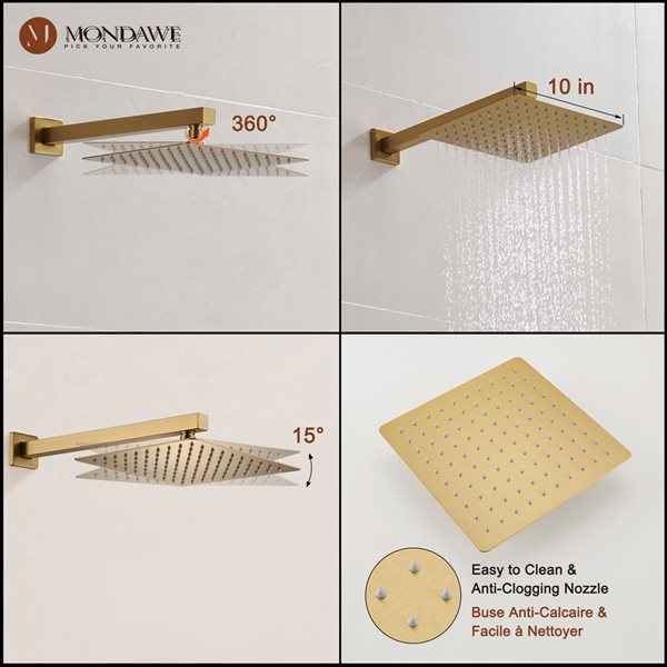 Mondawe 2-Function Wall Mount Square Complete Shower System with Rough-In Valve - Brushed Gold