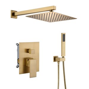 Mondawe 2-Function Wall Mount Square Complete Shower System with Rough-In Valve - Brushed Gold