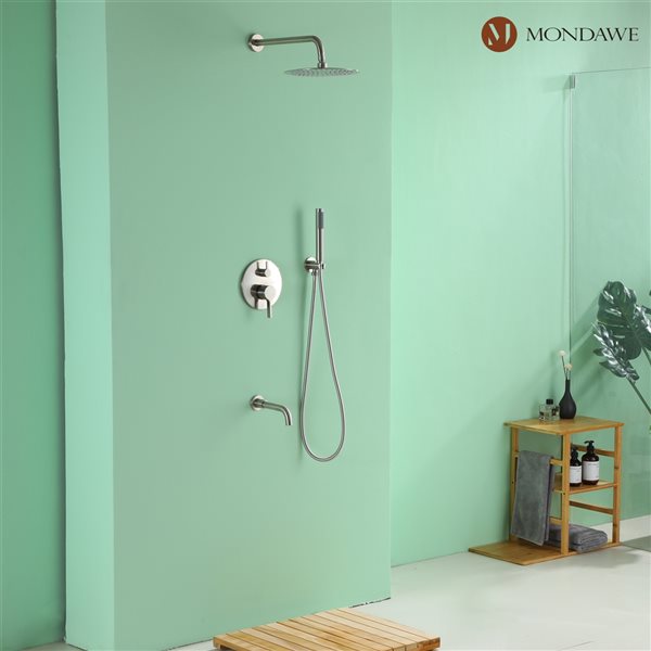 Mondawe 10-in Wall Built-in Shower System Set with Tub Spout-in Brushed Nickel