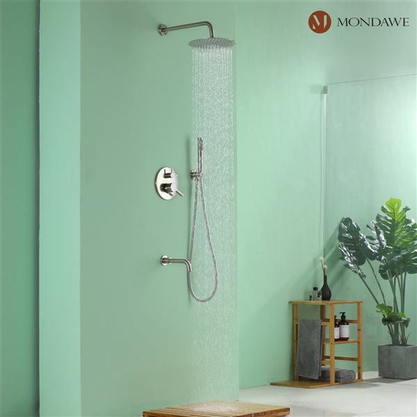 Mondawe 10-in Wall Built-in Shower System Set with Tub Spout-in Brushed Nickel