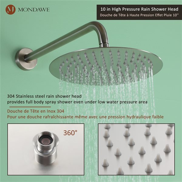 Mondawe 10-in Wall Built-in Shower System Set with Tub Spout-in Brushed Nickel