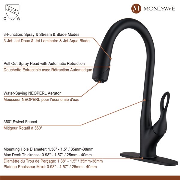 Mondawe Matte Black 3-Function Pull-down 1-handle Deck Mount Kitchen Faucet