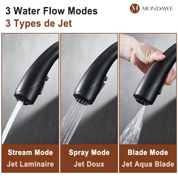 Mondawe Matte Black 3-Function Pull-down 1-handle Deck Mount Kitchen Faucet