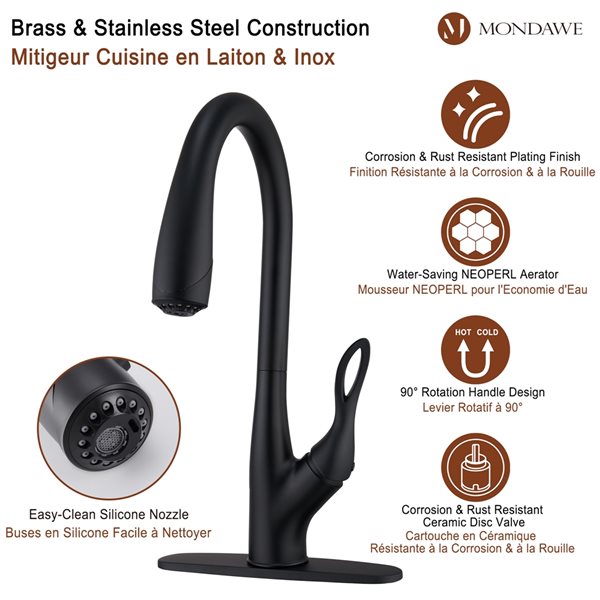Mondawe Matte Black 3-Function Pull-down 1-handle Deck Mount Kitchen Faucet