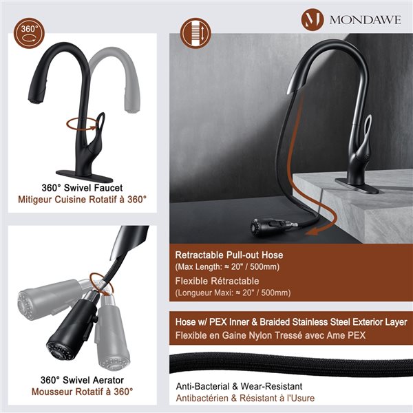 Mondawe Matte Black 3-Function Pull-down 1-handle Deck Mount Kitchen Faucet