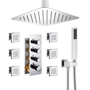 Mondawe 12-in Celling Mount Thermostatic Rain Shower System with 6 Body Jets - Chrome