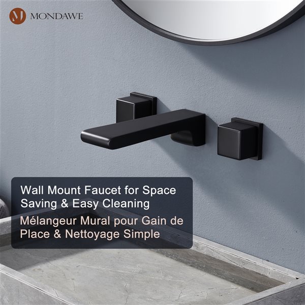 Mondawe Spot-Free Matte Black Widespread Wall Mount 3-Hole Bathroom Sink Faucet