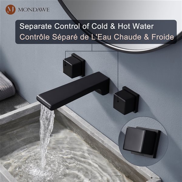 Mondawe Spot-Free Matte Black Widespread Wall Mount 3-Hole Bathroom Sink Faucet